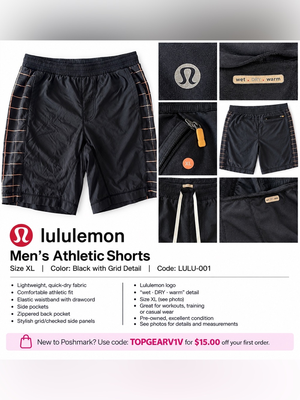 Lululemon Men’s Black Athletic Running Shorts Grid Detail XL